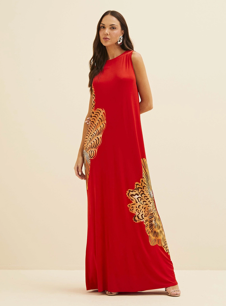Vestido Longo Com Estampa Vermelho