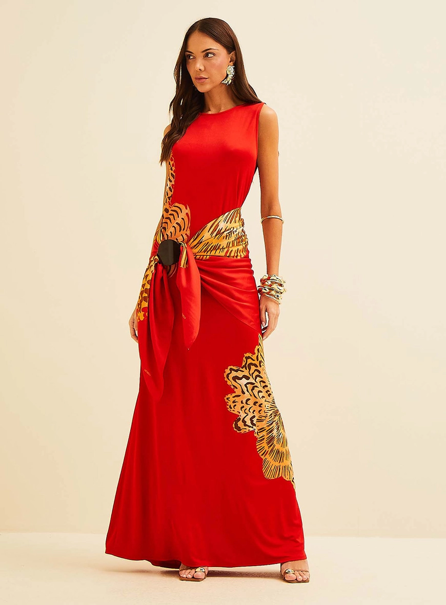 Vestido Longo Com Estampa Vermelho