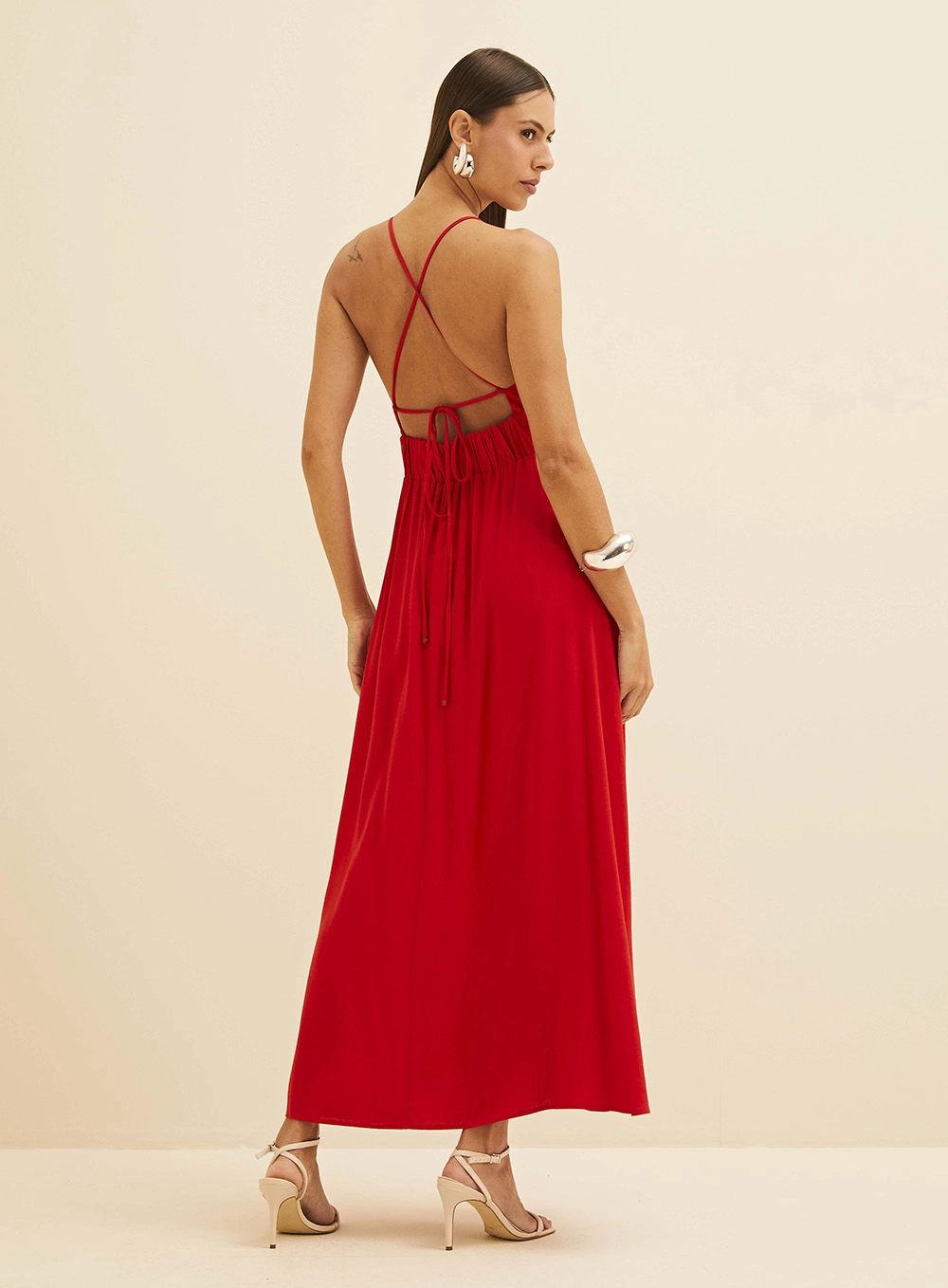 Vestido Midi Acinturado Em Linho Vermelho 4
