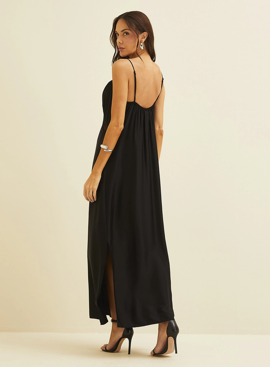 Vestido Midi Com Detalhe Em Renda Preto