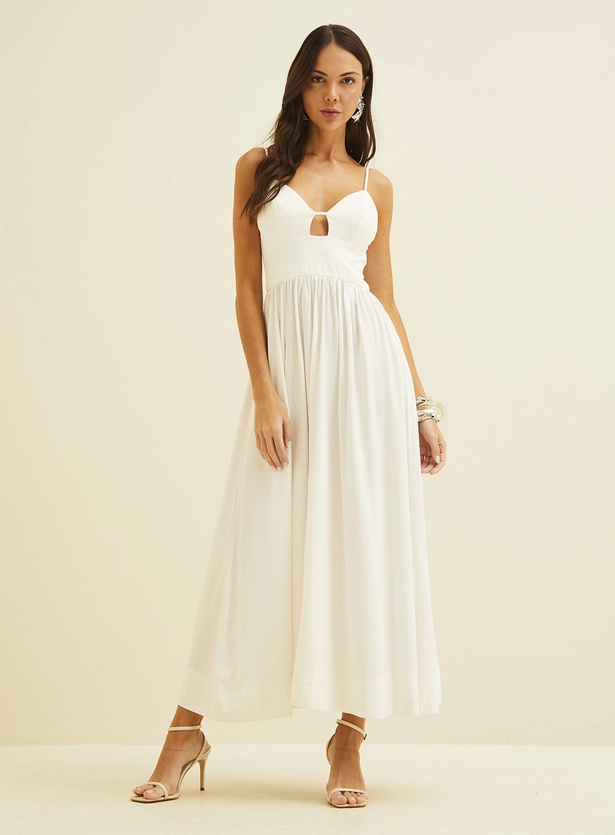 Vestido Midi Em Linho Com Elástico Acinturado Off Shell
