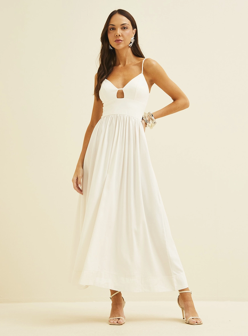 Vestido Midi Em Linho Com Elástico Acinturado Off Shell