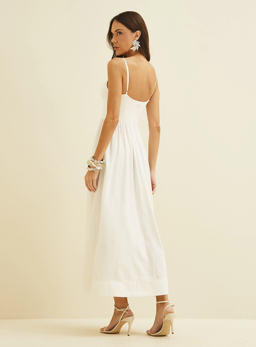 Vestido Midi Em Linho Com Elástico Acinturado Off Shell