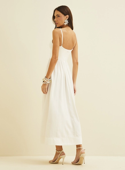 Vestido Midi Em Linho Com Elástico Acinturado