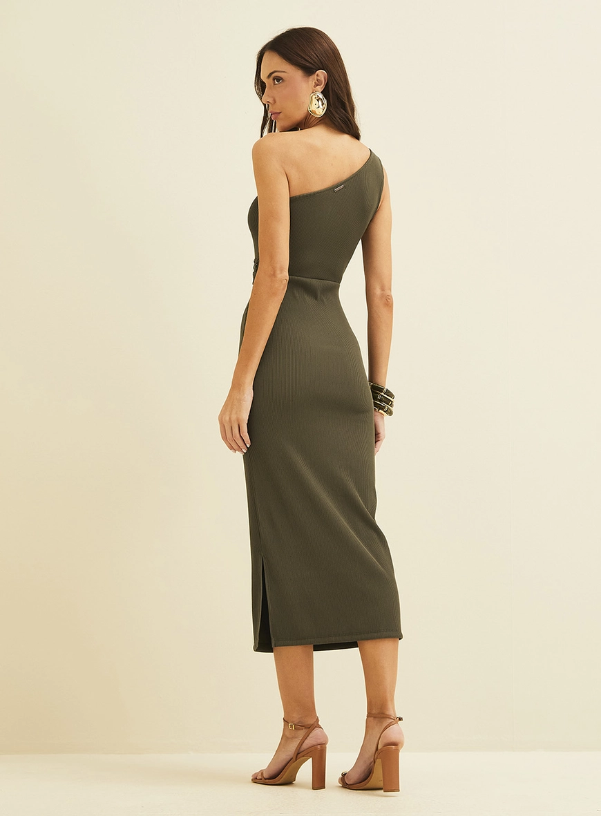 Vestido Midi Canelado De Um Ombro Só Verde Biosphere