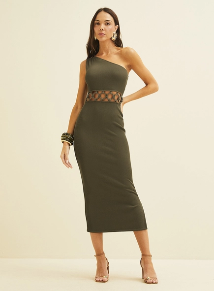 Vestido Midi Canelado De Um Ombro Só