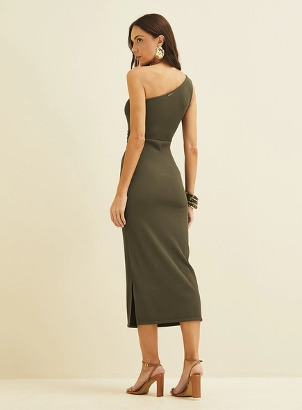Vestido Midi Canelado De Um Ombro Só