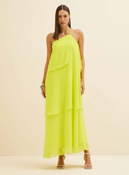 Vestido Longo Plano Uma Alça Com Camadas