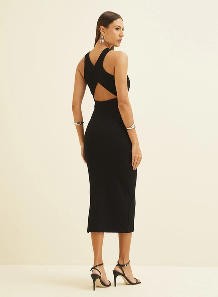 Vestido Midi Canelado Com Recorte Costas