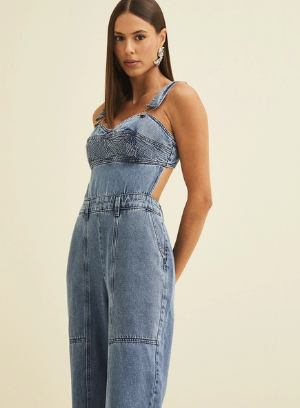 Macacão Jeans Feminino Com Abertura Costas