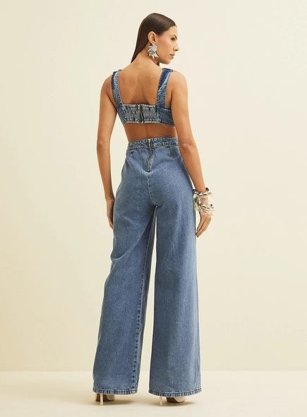 Macacão Jeans Feminino Com Abertura Costas