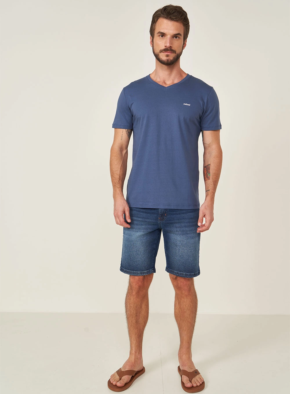 Camiseta Masculina Gola V Com Detalhe Em Logo Azul