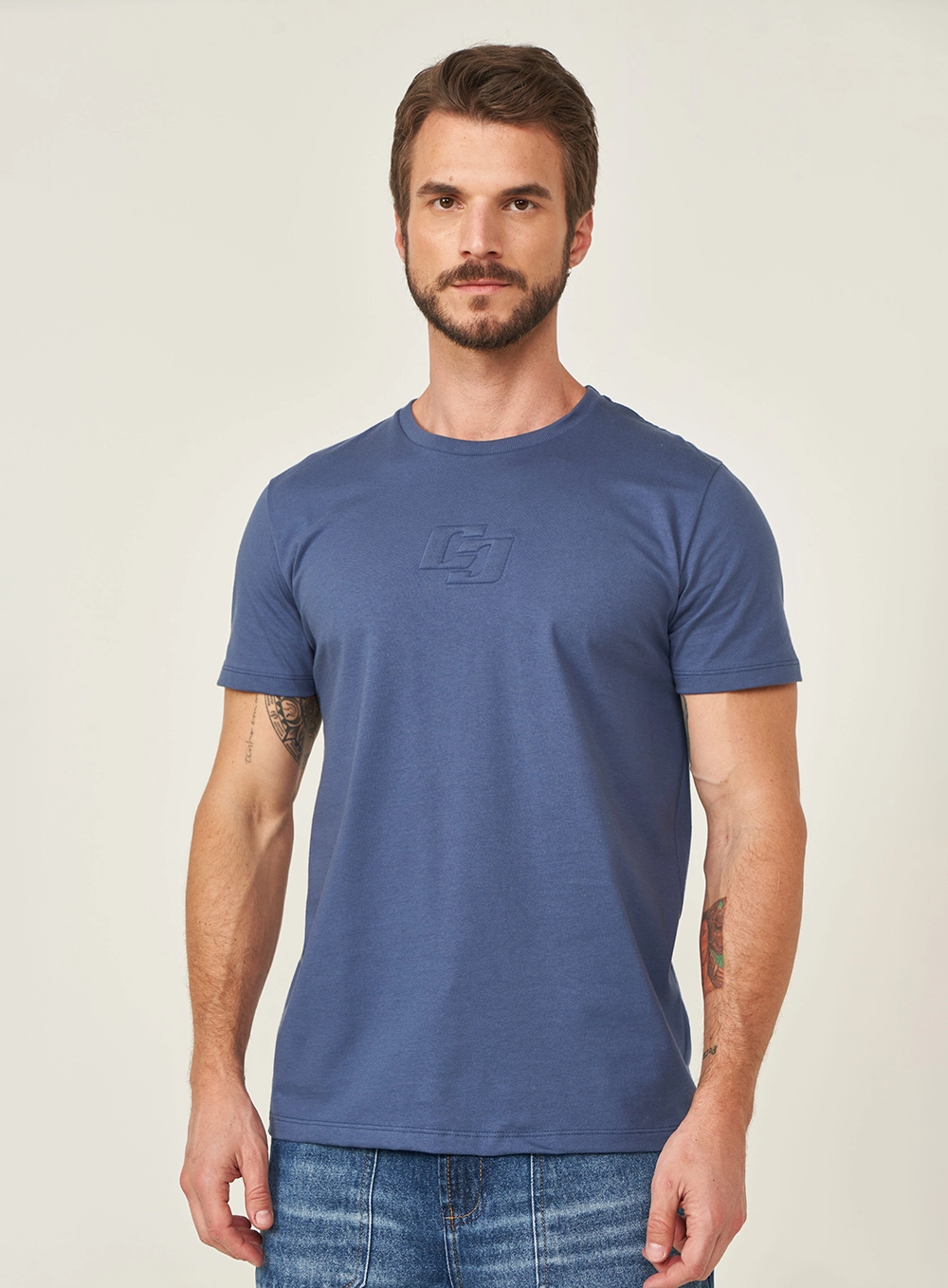 Camiseta Slim Bordado Duplo C Azul