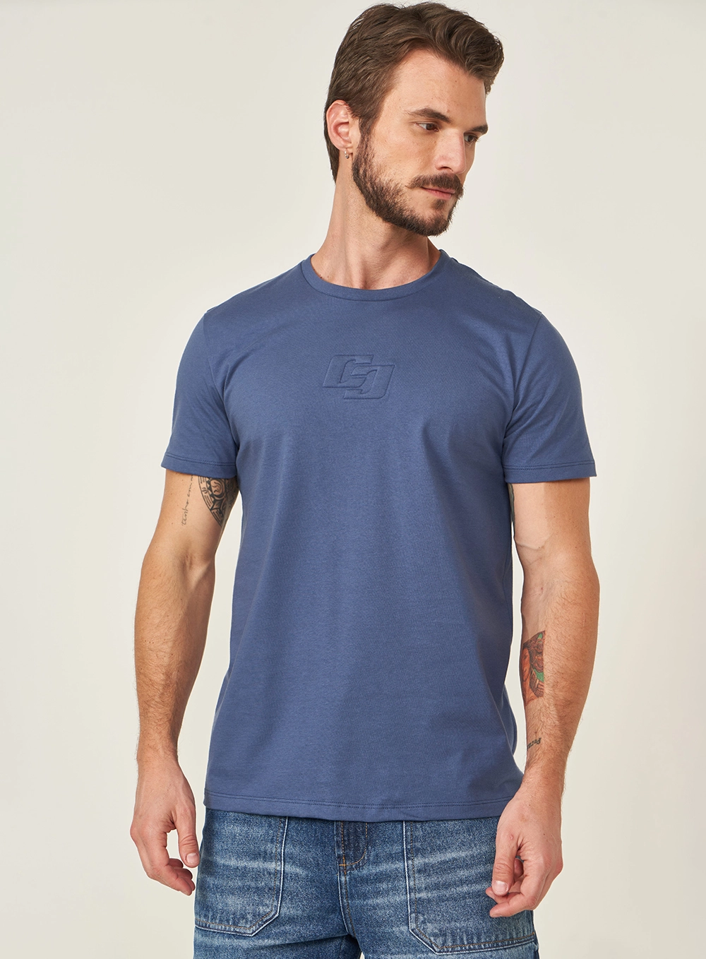 Camiseta Slim Bordado Duplo C Azul