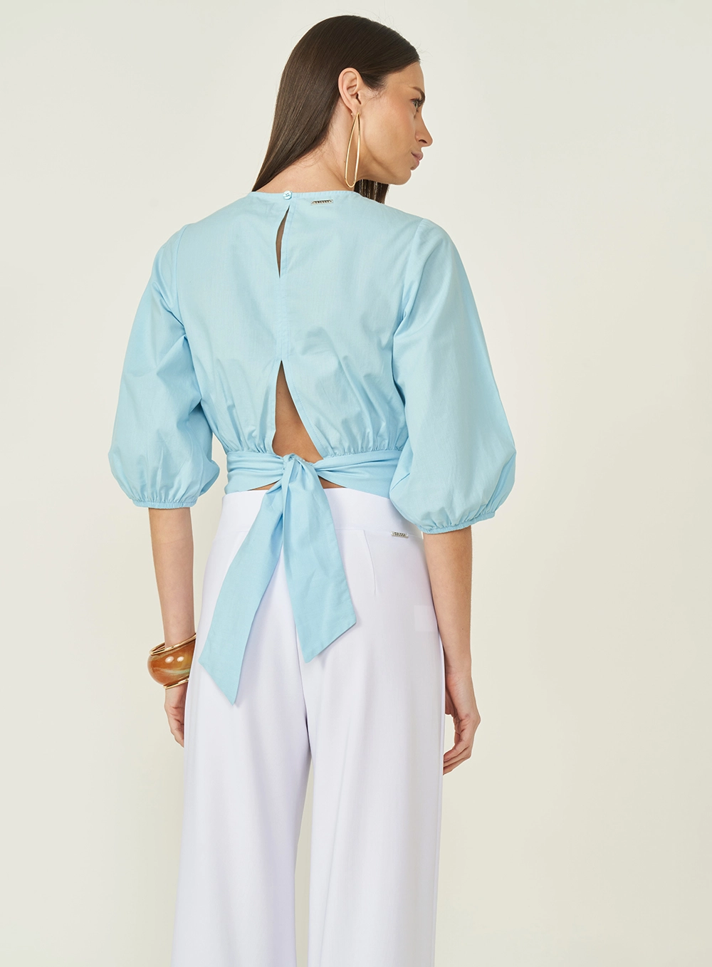 Blusa Cropped Com Mangas Bufantes Azul