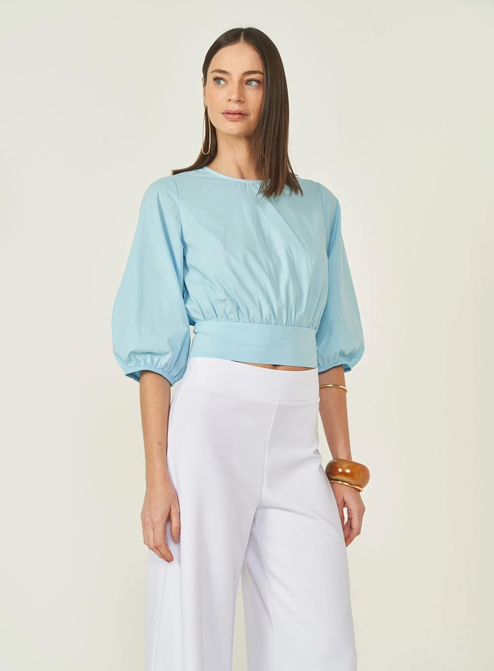 Blusa Cropped Com Mangas Bufantes Azul