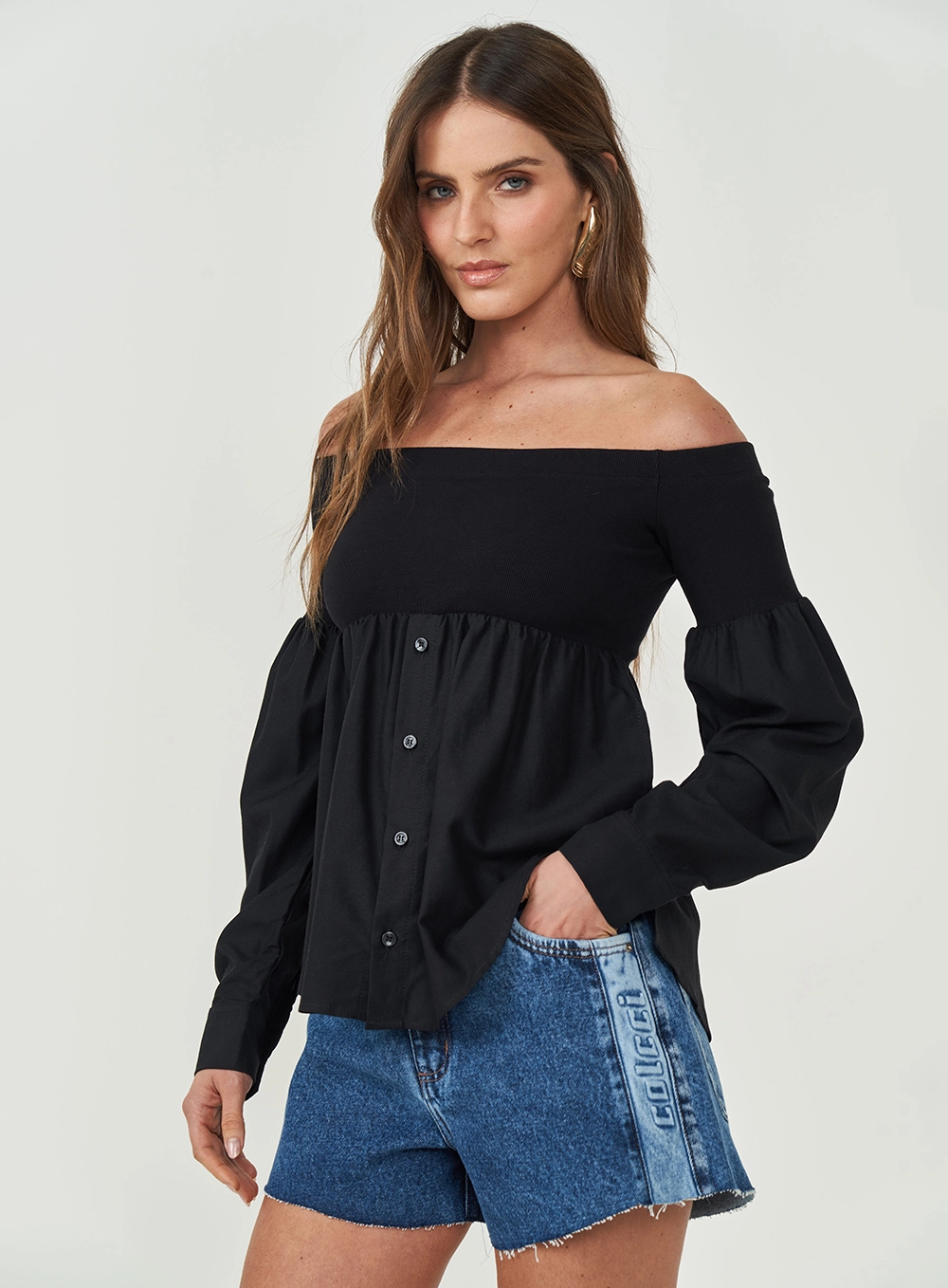Blusa Comfort Manga Longa Ombro A Ombro Preto