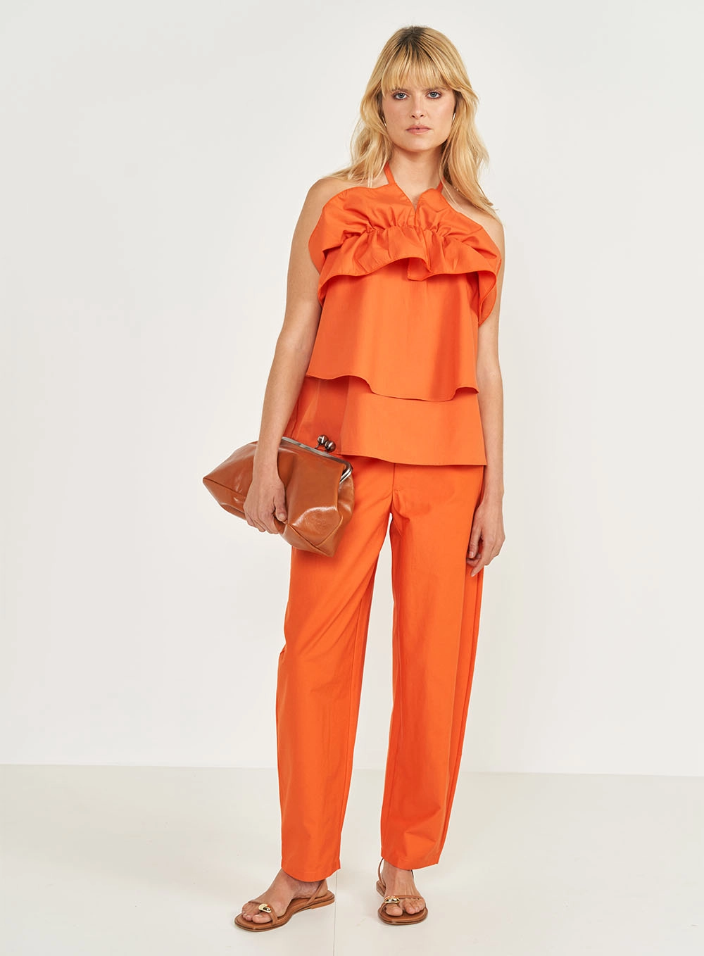 Blusa Frente Única Com Babados Laranja