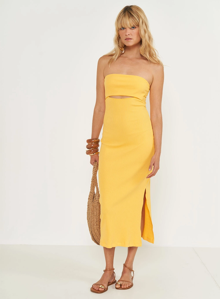 Vestido Canelado Sem Alças Midi
