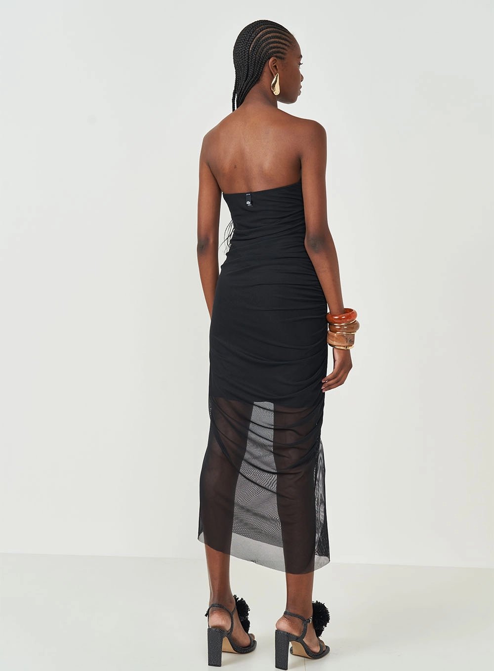 Vestido Em Tule Com Franzido Lateral Preto