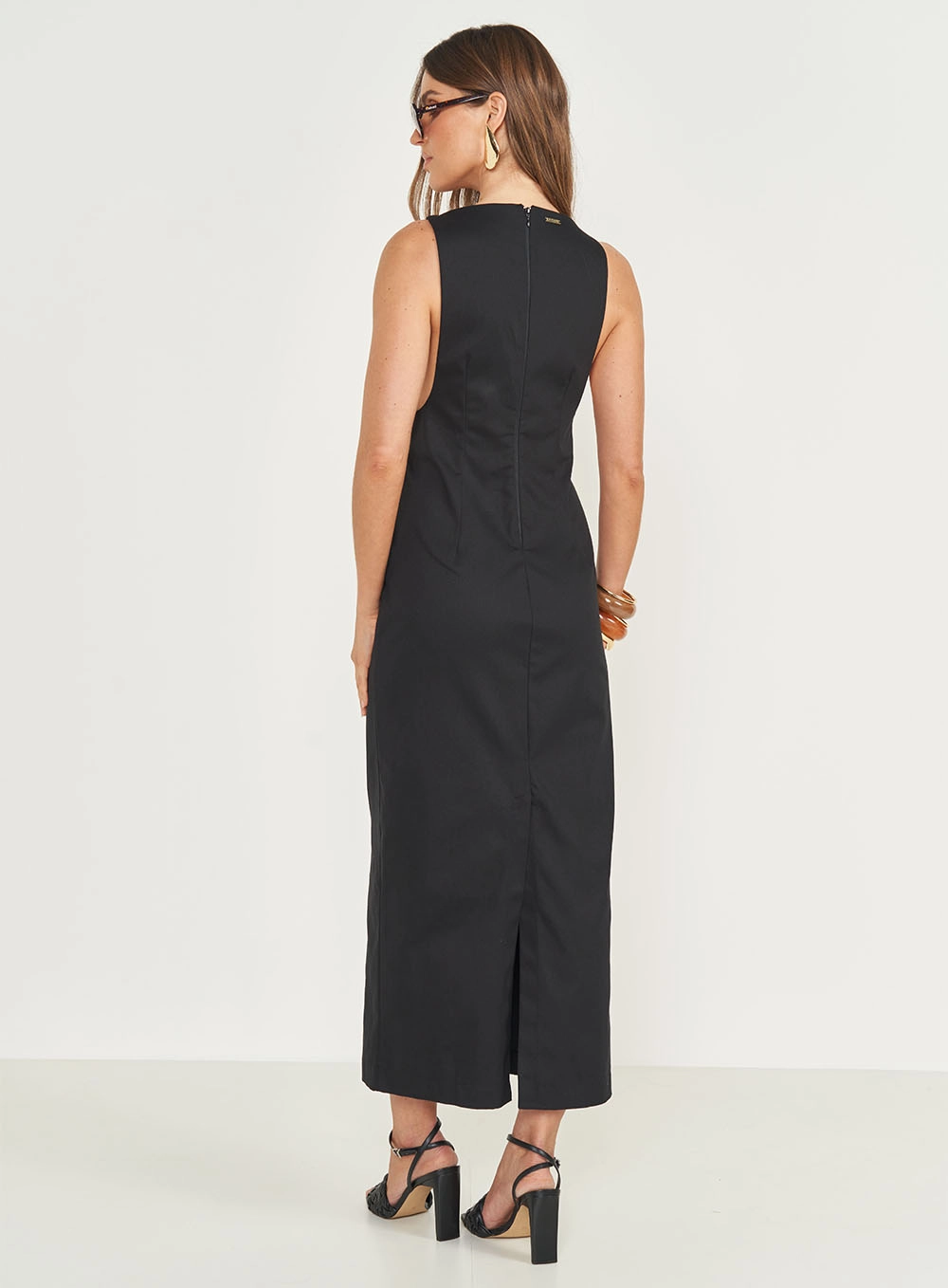 Vestido Midi Slim Mangas Cavadas Preto