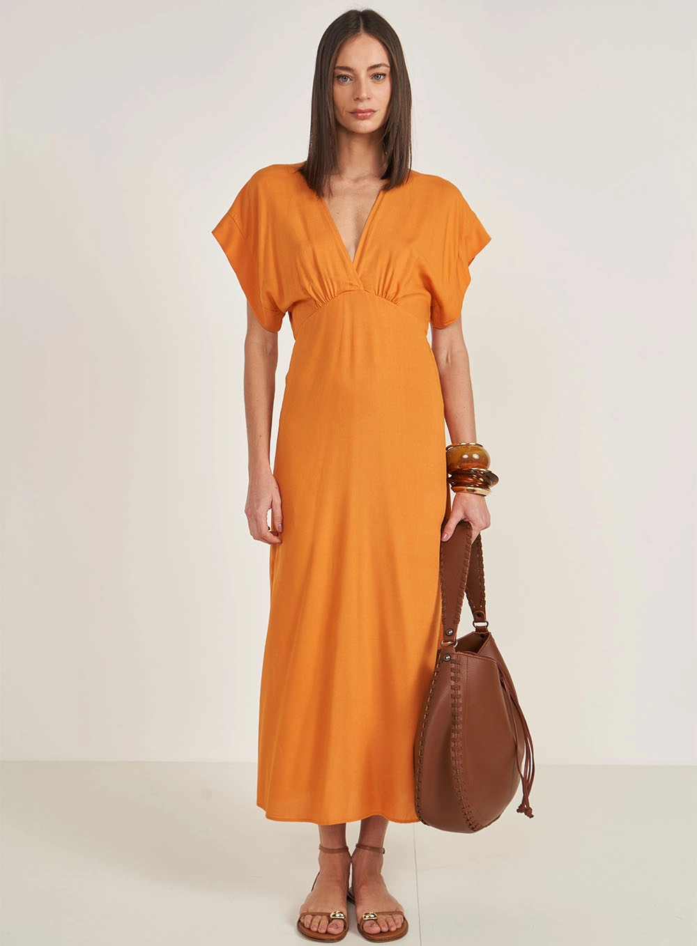 Vestido Midi Comfort Acinturado Laranja