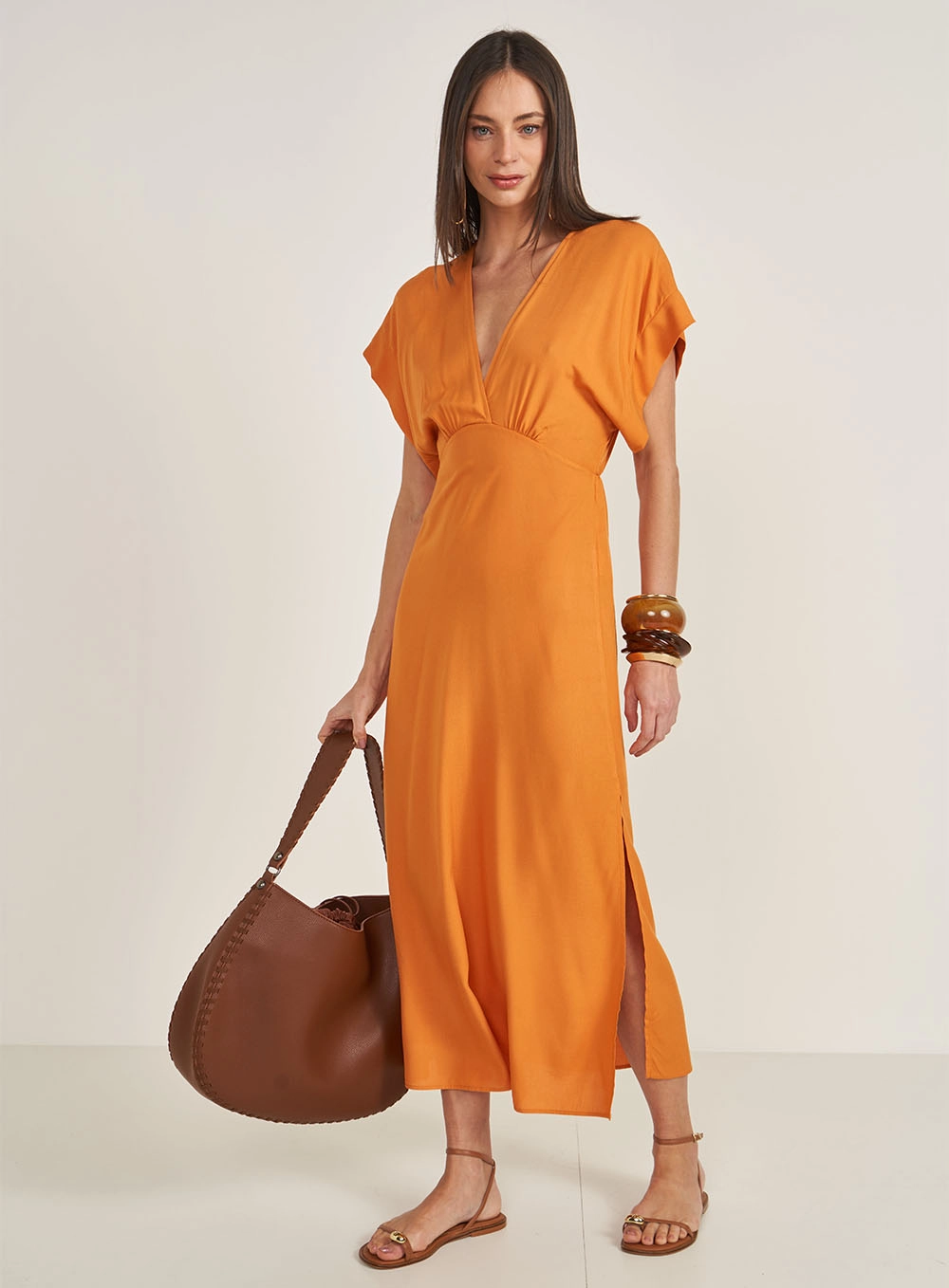 Vestido Midi Comfort Acinturado Laranja