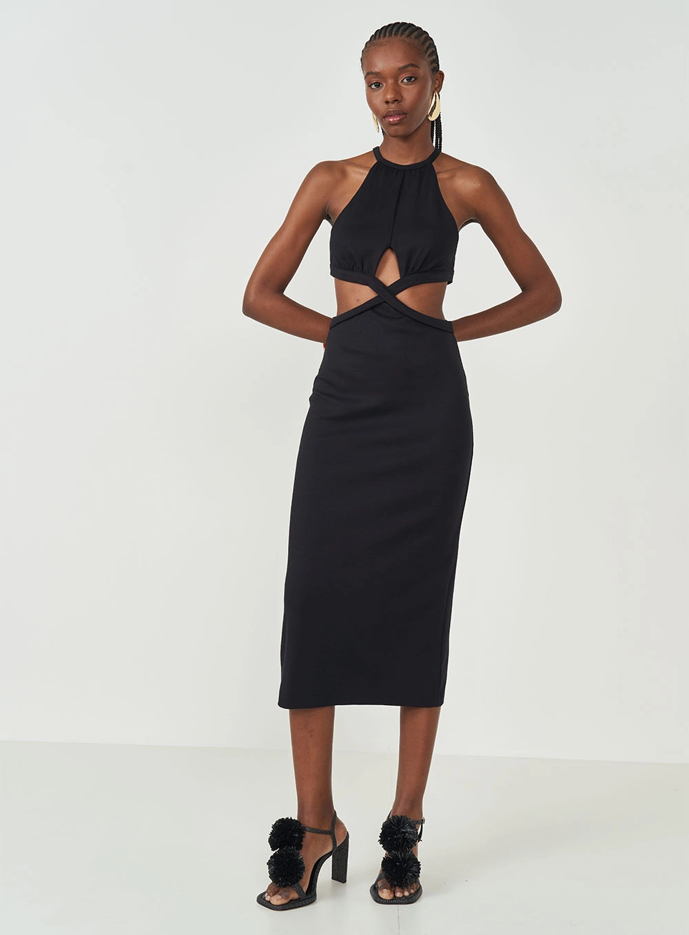 Vestido Midi Slim Com Recortes Acinturados Preto