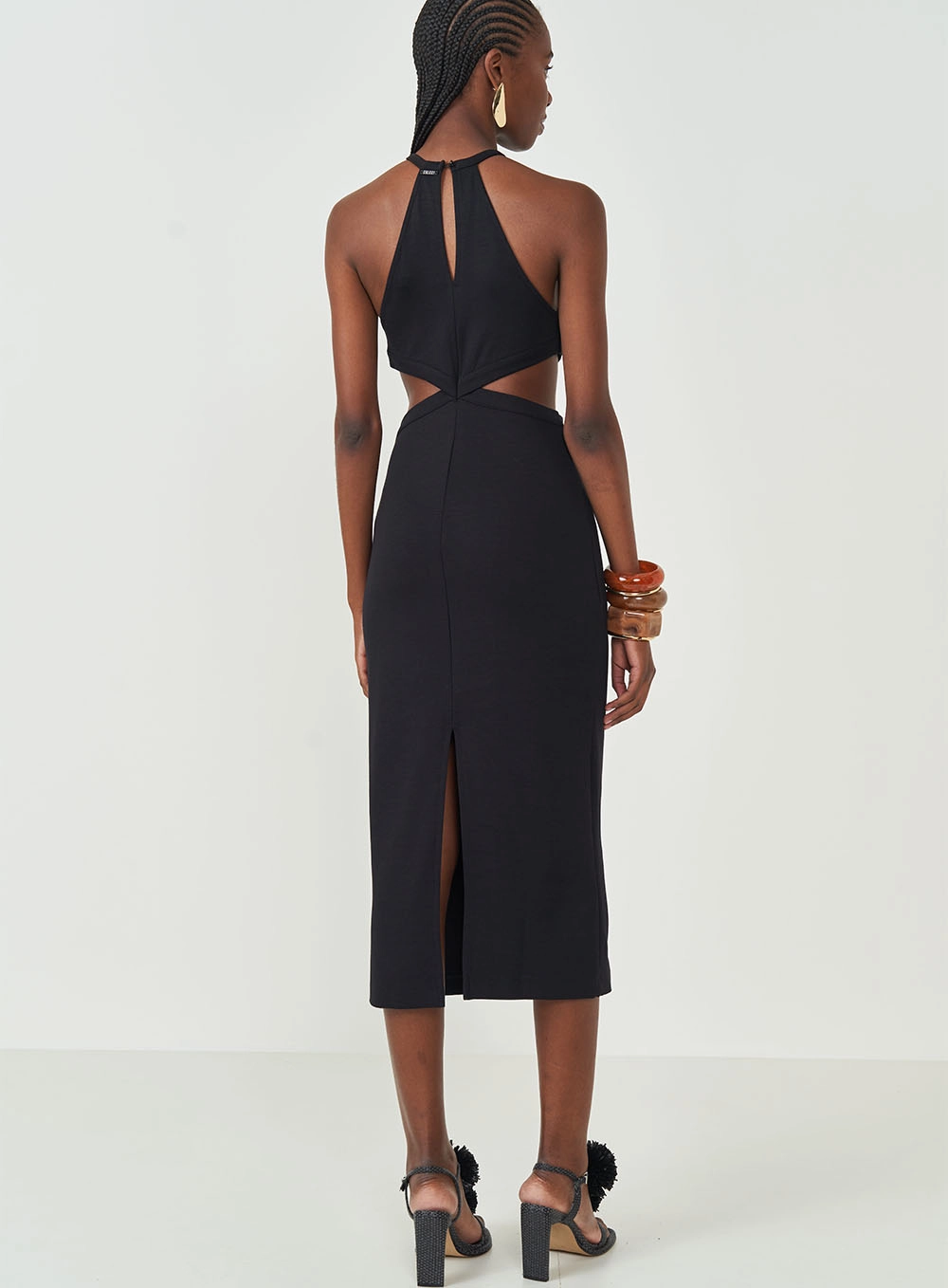 Vestido Midi Slim Com Recortes Acinturados Preto