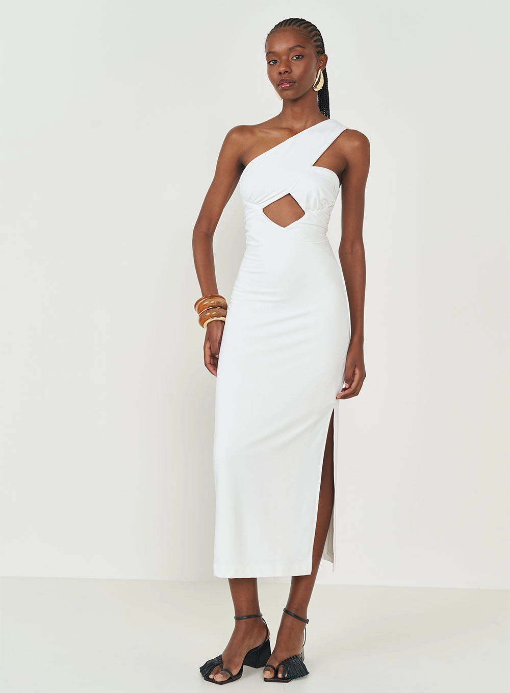 Vestido Midi Slim Com Recorte E Drapeado Off Shell