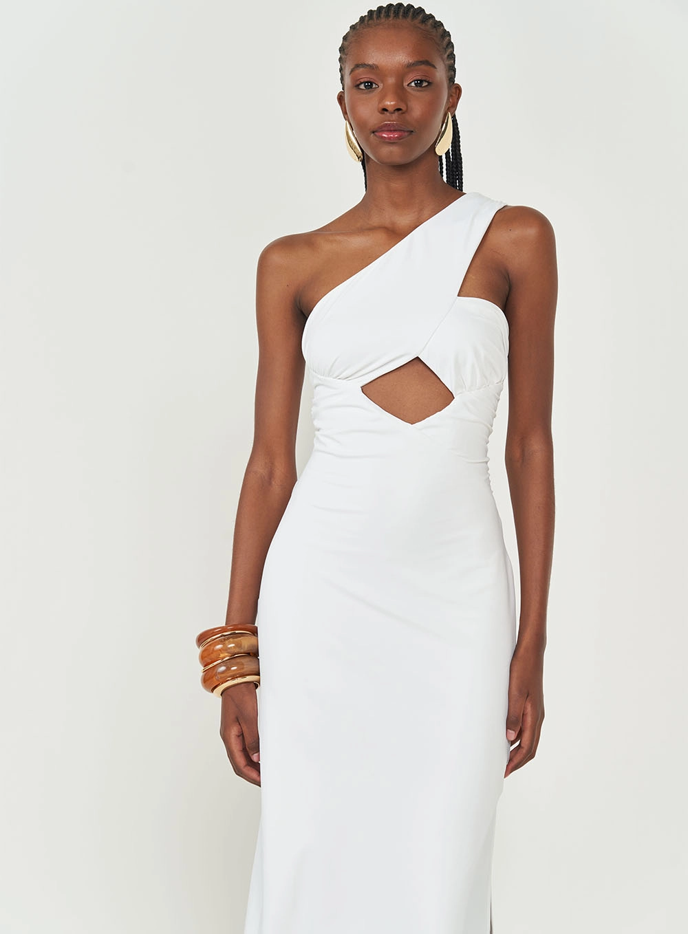 Vestido Midi Slim Com Recorte E Drapeado Off Shell