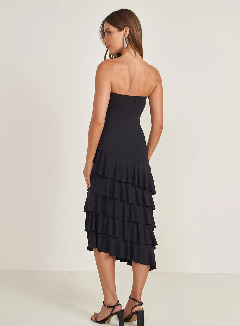Vestido Slim Com Babados E Fenda Preto