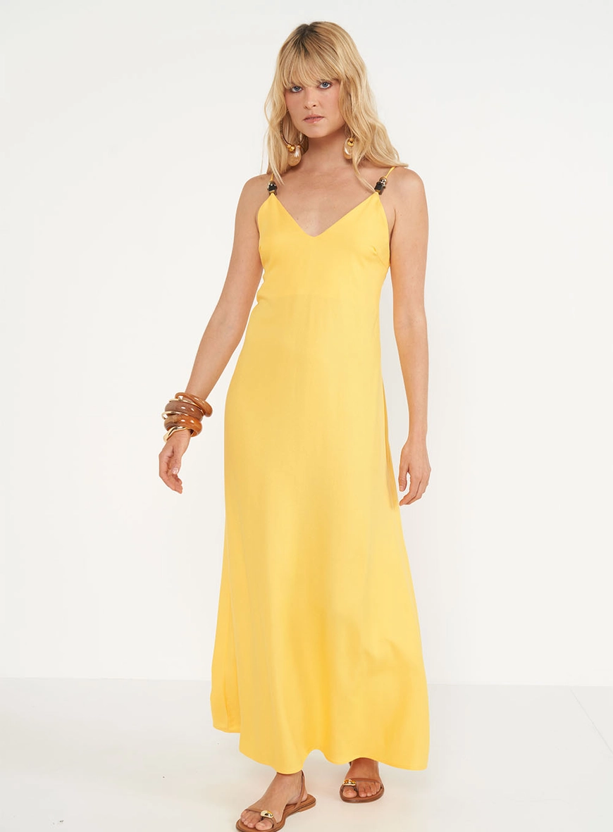 Vestido Longo Frente Única Com Detalhe Em Contas
