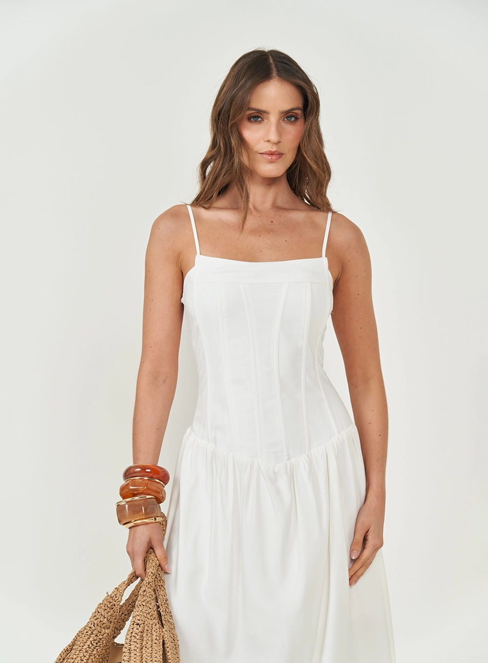 Vestido Midi Acinturado Off Shell