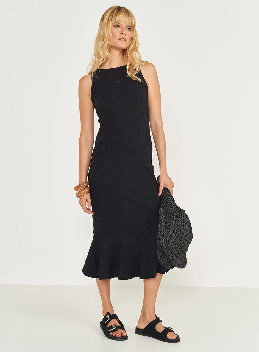 Vestido Midi Slim Canelado Peplum