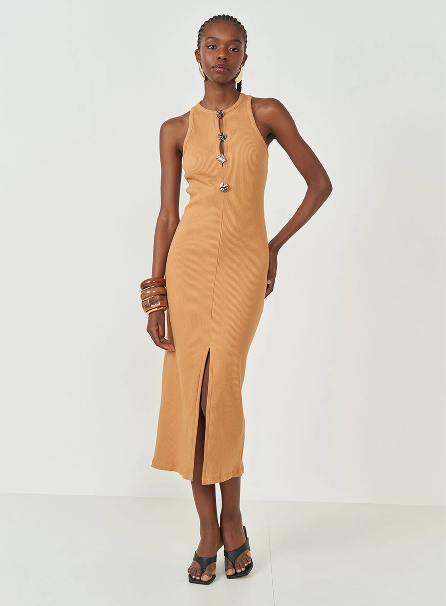 Vestido Midi Slim Com Abertura Em Botões E Fenda