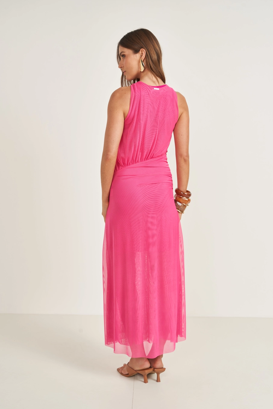 Vestido Midi Comfort Em Tule Com Detalhe Drapeado Rosa