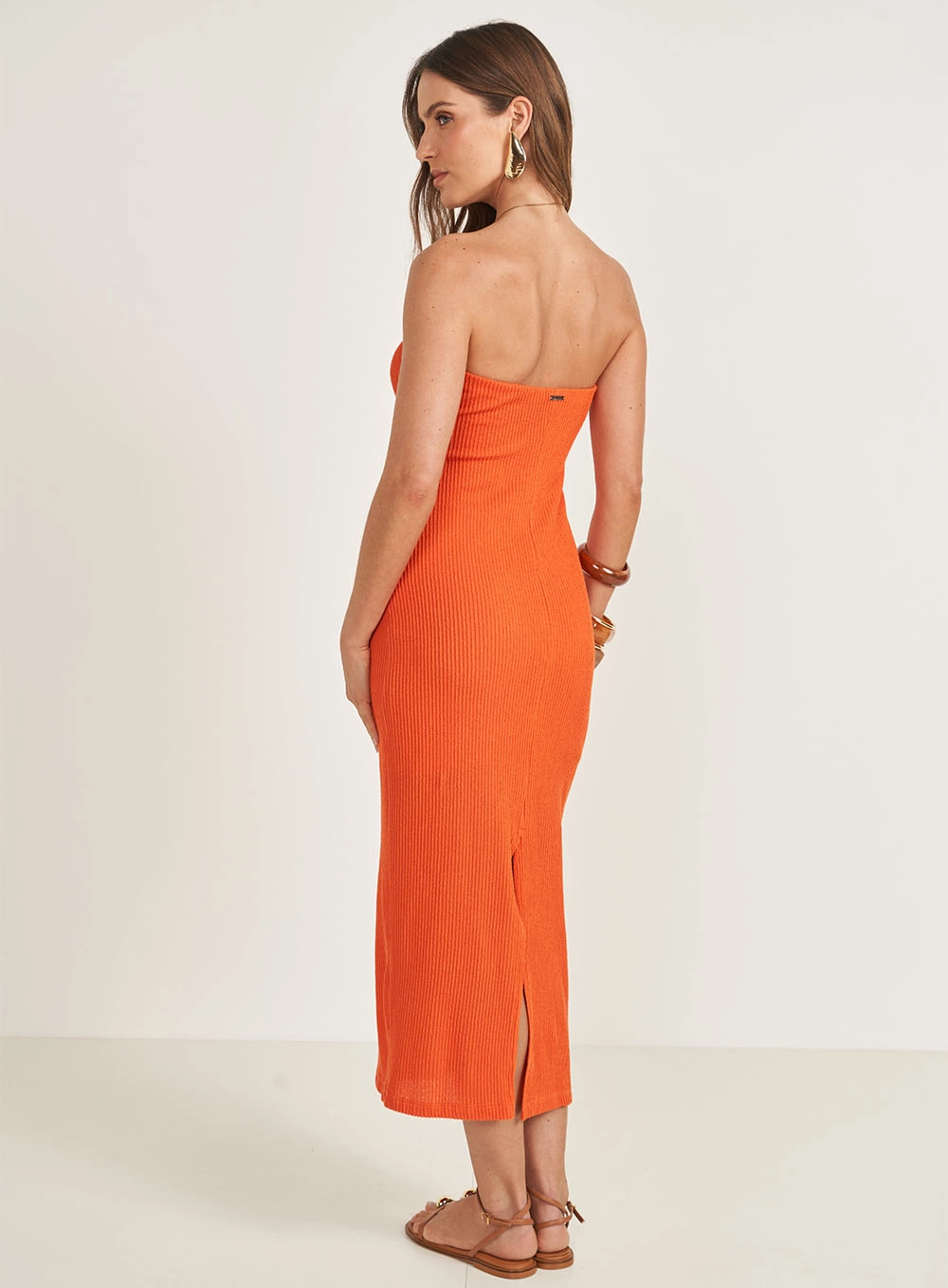 Vestido Midi Canelado Sem Alças Laranja