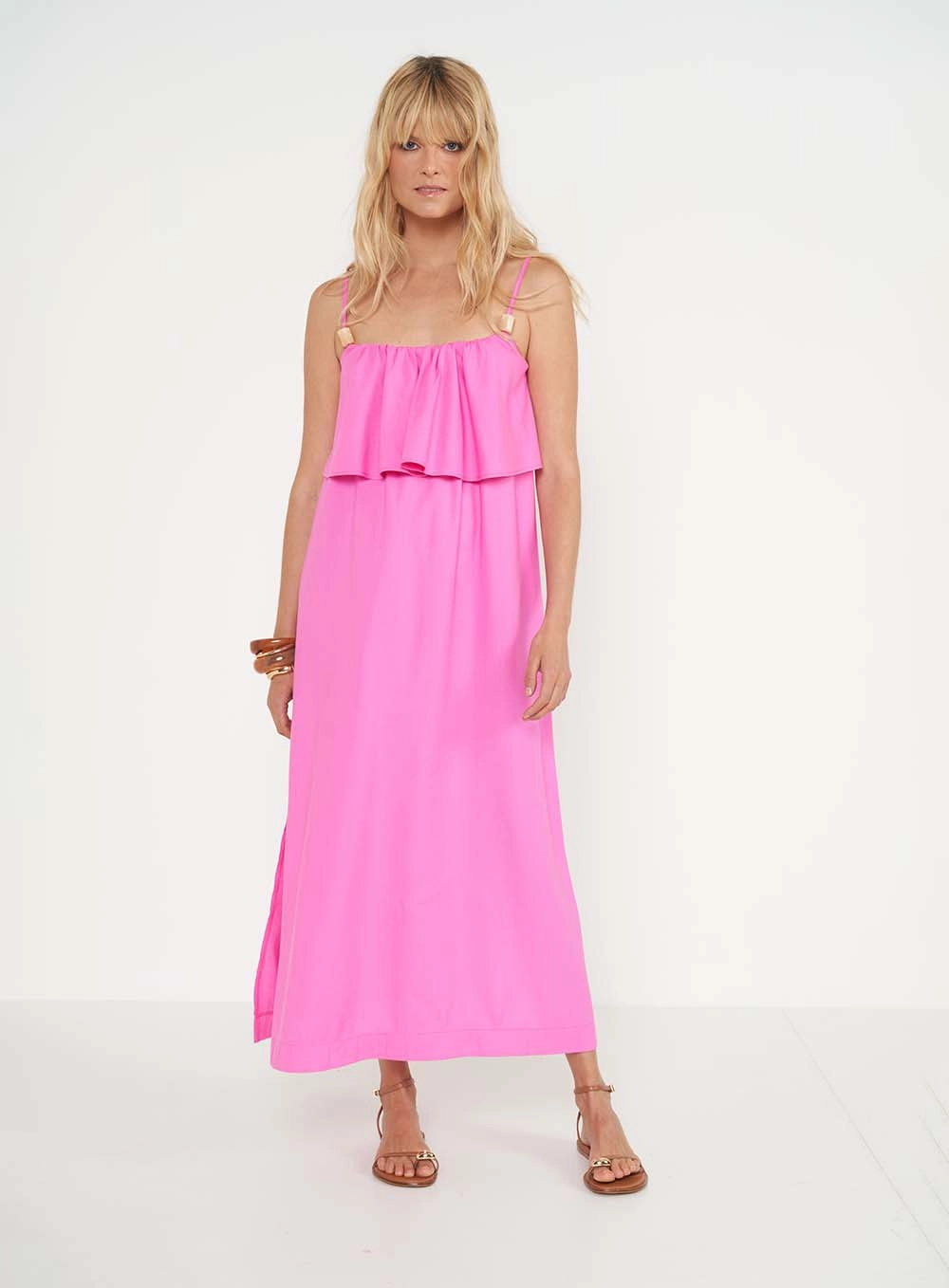 Vestido Midi Com Babados Rosa