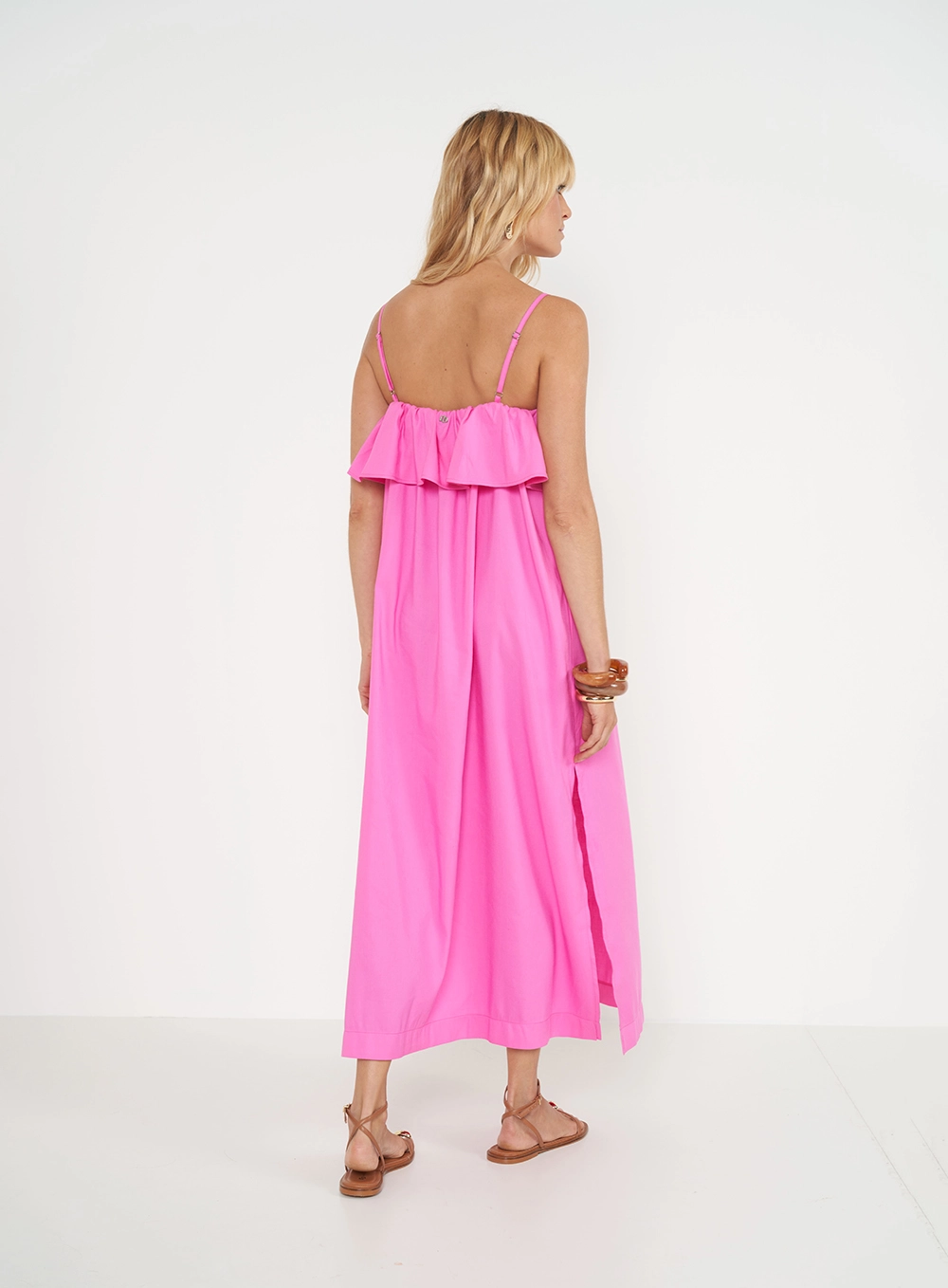 Vestido Midi Com Babados Rosa