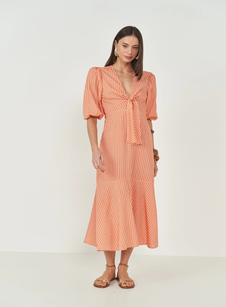 Vestido Listrado Mangas Bufantes