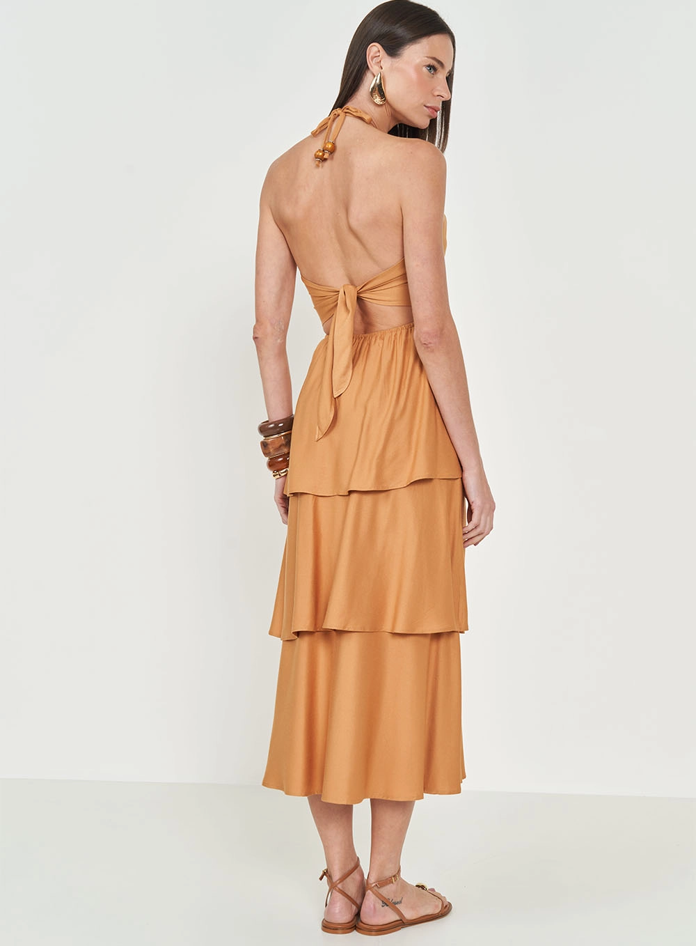 Vestido Midi Em Camadas Bege