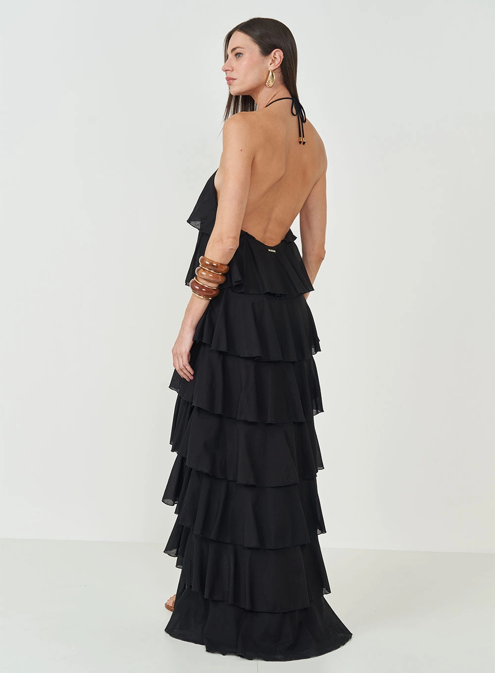 Vestido Mullet Frente Única Com Babados Preto