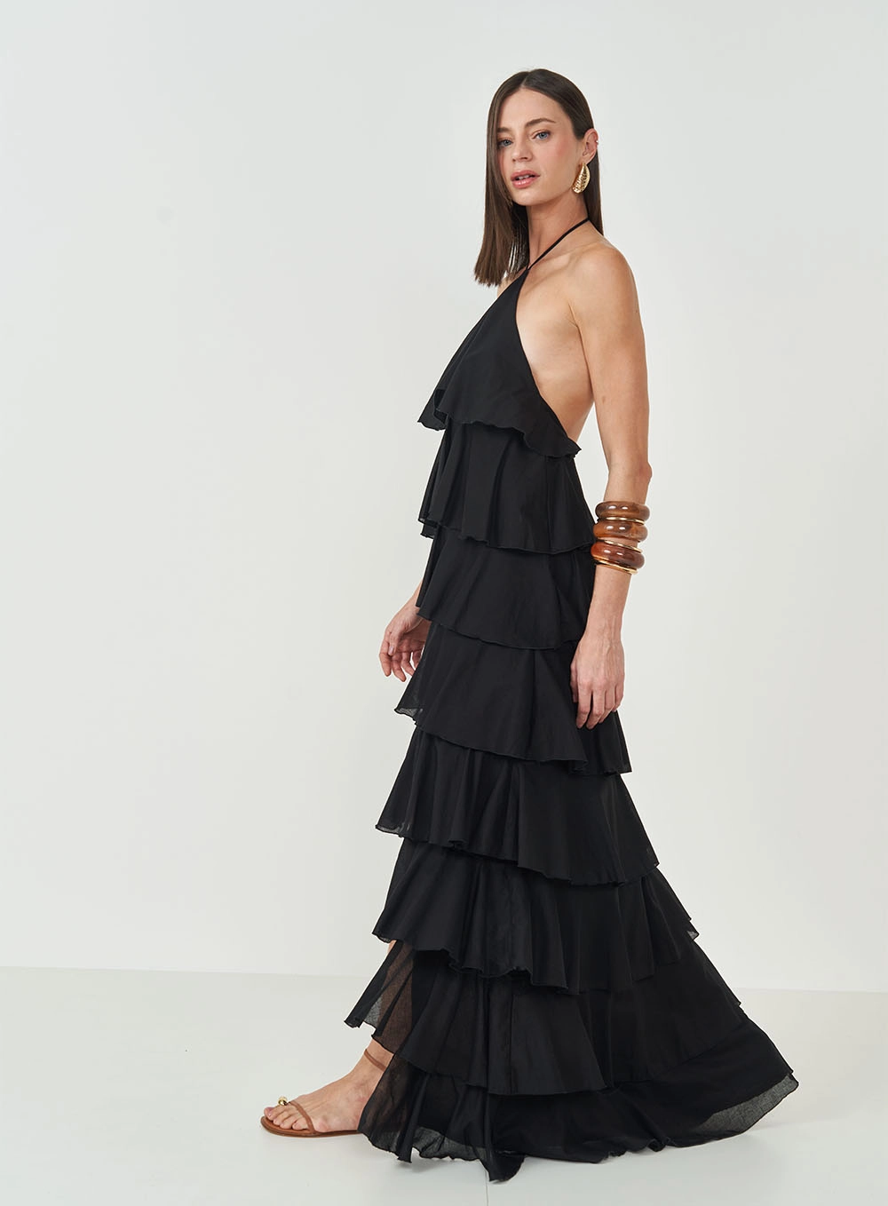 Vestido Mullet Frente Única Com Babados Preto