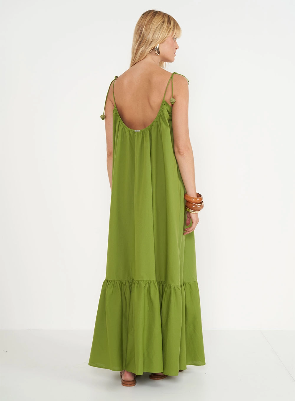 Vestido Longo Com Franzido E Alças Reguláveis Verde