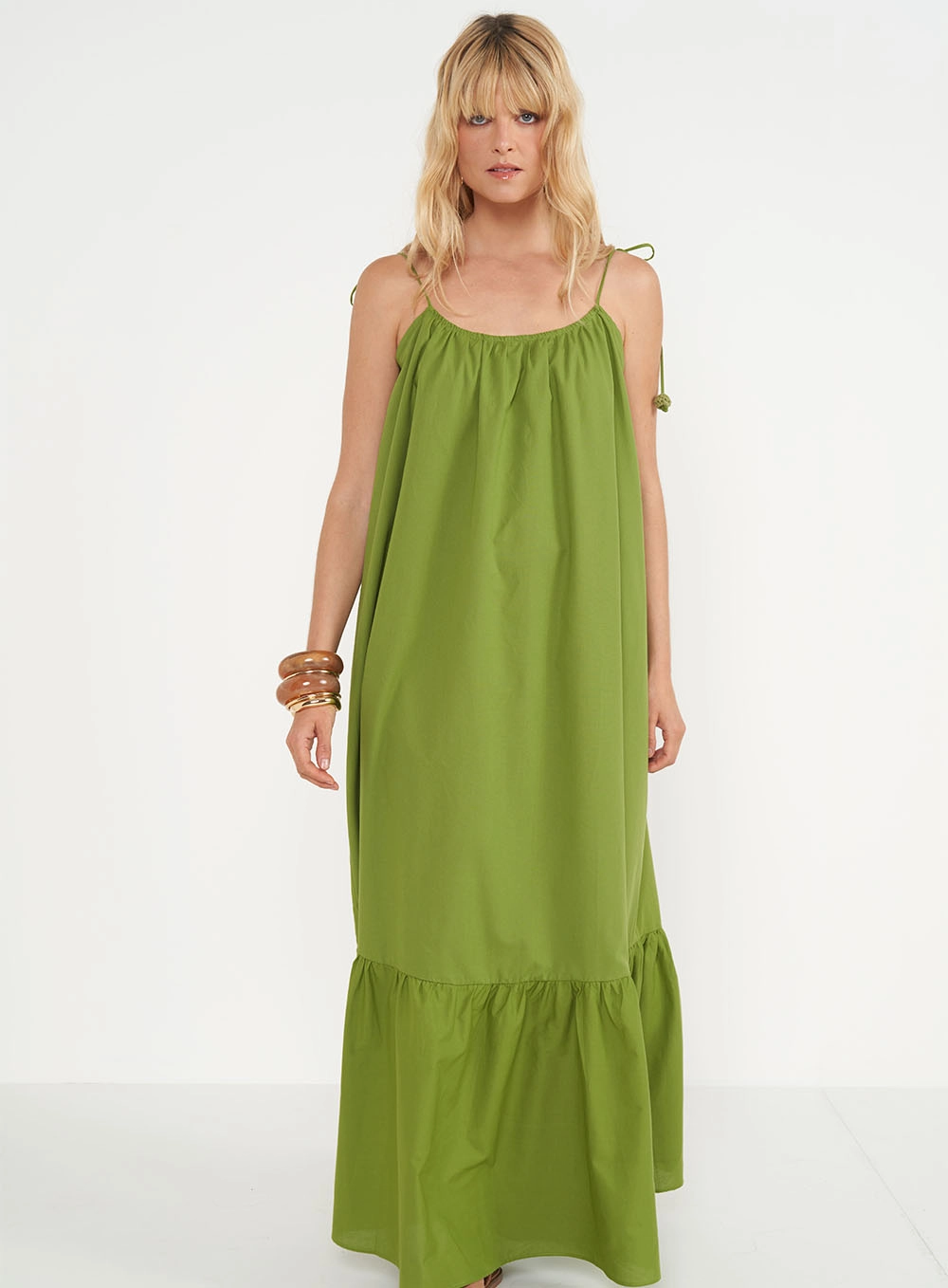 Vestido Longo Com Franzido E Alças Reguláveis Verde