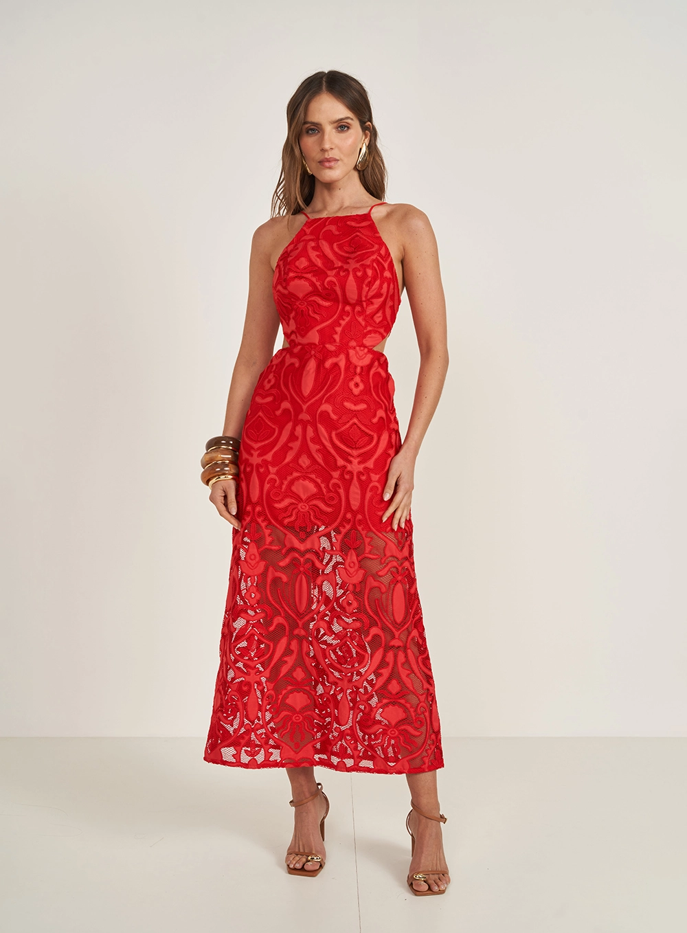 Vestido Midi Com Bordado Vermelho
