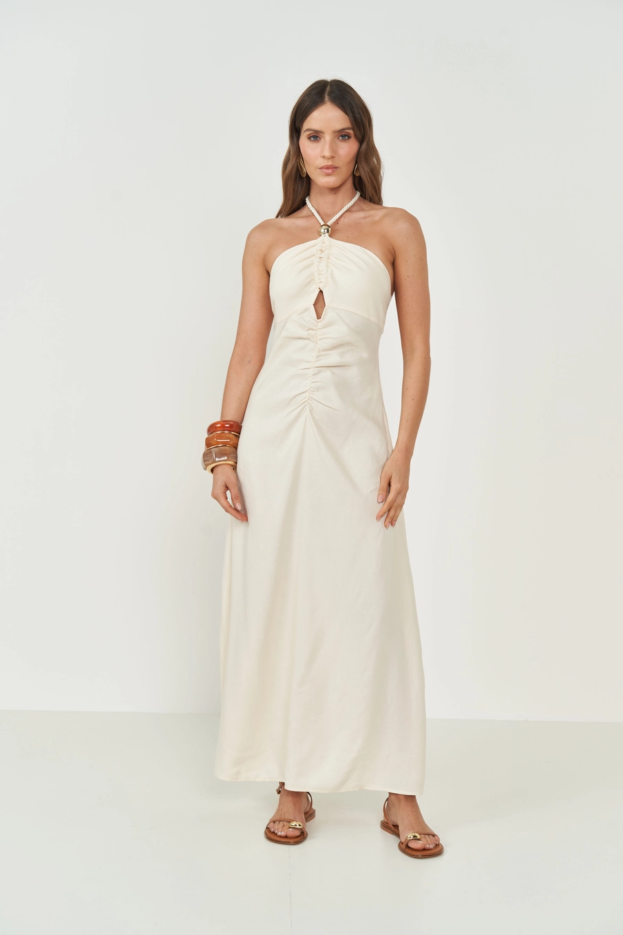 Vestido Slim Com Franzido Frontal Bege