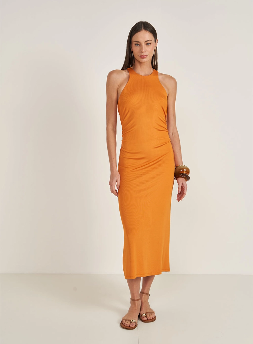 Vestido Midi Com Franzido Lateral