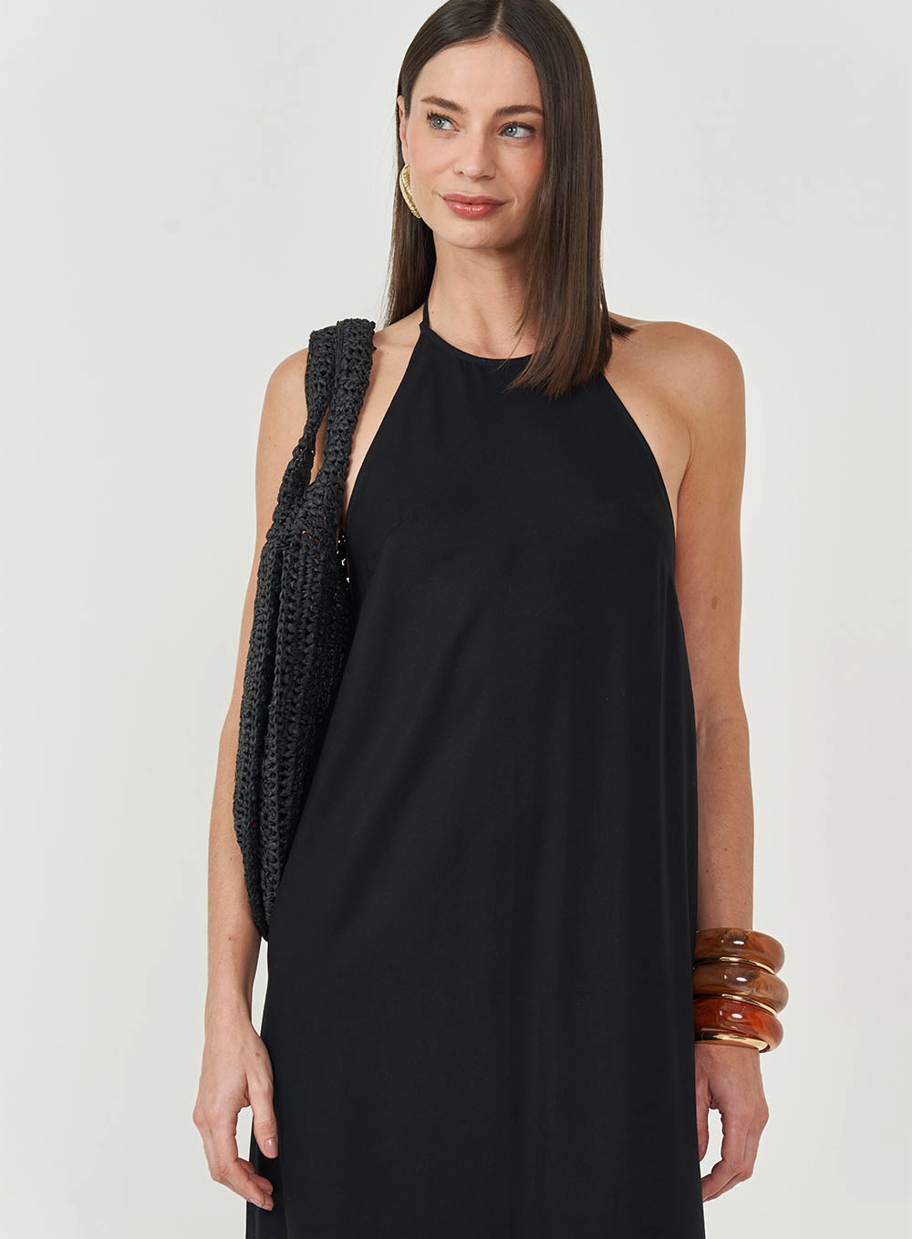 Vestido Midi Halter Frente Única Preto